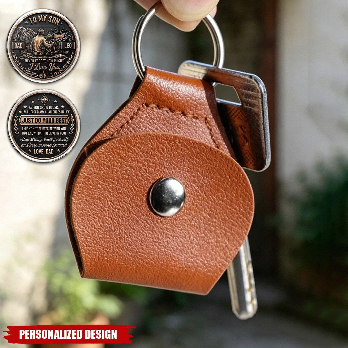 Personalized To My Son Custom Coin With Leather Keychain- Gift From Dad