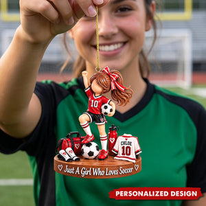 Personalized Red Soccer Girl Acrylic Christmas Ornament - Custom Name Football Player Keepsake Ornament