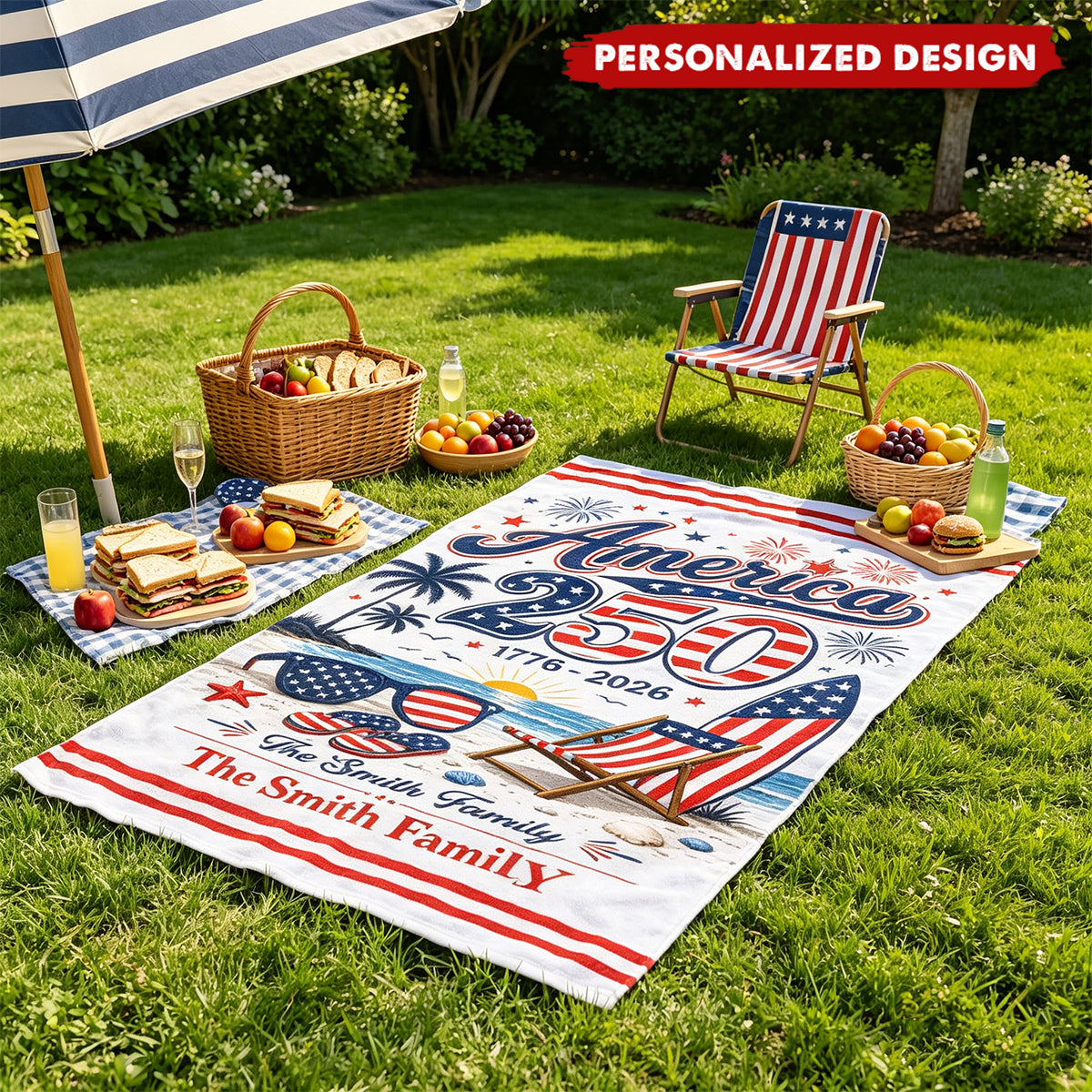 Personalized America 250th Anniversary Beach Towel - Custom Name