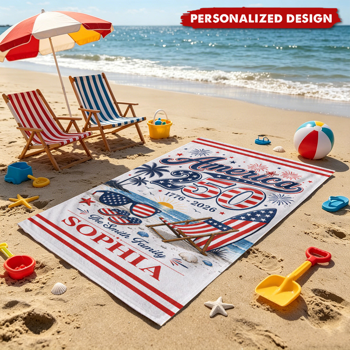 Personalized America 250th Anniversary Beach Towel - Custom Name