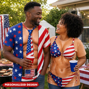 Personalized Optical Illusion Men’s Open Flag Shirt Tie Belt & Women’s Bikini Print Patriotic T-Shirt