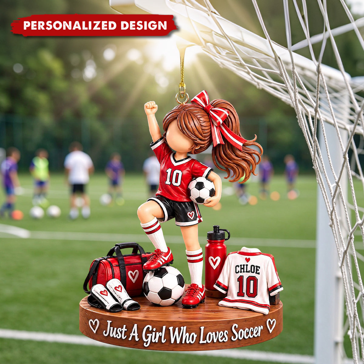 Personalized Red Soccer Girl Acrylic Christmas Ornament - Custom Name Football Player Keepsake Ornament