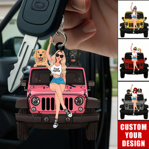 Personalized A Girl With Off-Road Car And Dog Keychain Gift For Journey Girls