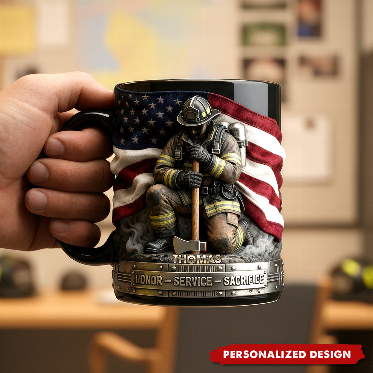 Personalized Firefighter Hero Mug — Patriotic American Flag Tribute Gift