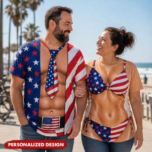 Personalized Optical Illusion Men’s Open Flag Shirt Tie Belt & Women’s Bikini Print Patriotic T-Shirt