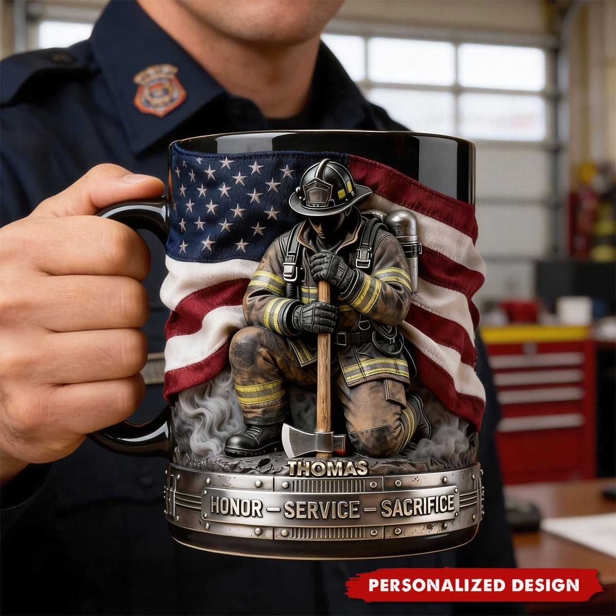 Personalized Firefighter Hero Mug — Patriotic American Flag Tribute Gift