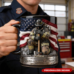 Personalized Firefighter Hero Mug — Patriotic American Flag Tribute Gift