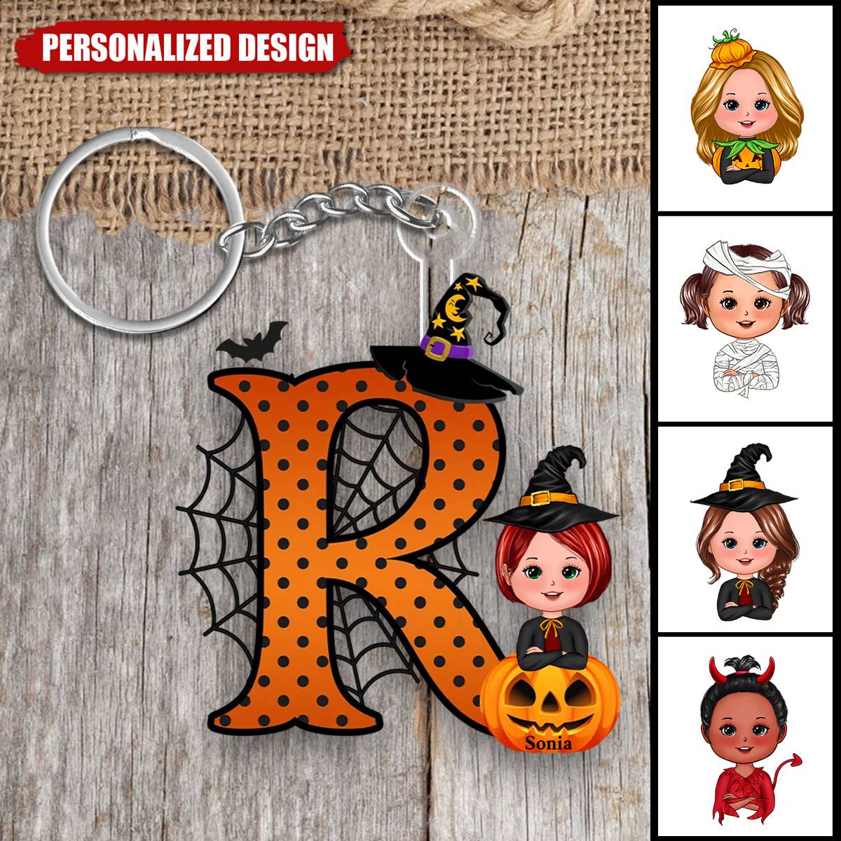 Personalized Cartoon Character Pumpkin Keychain with Initial & Name Halloween Party Favors Gift for Kids