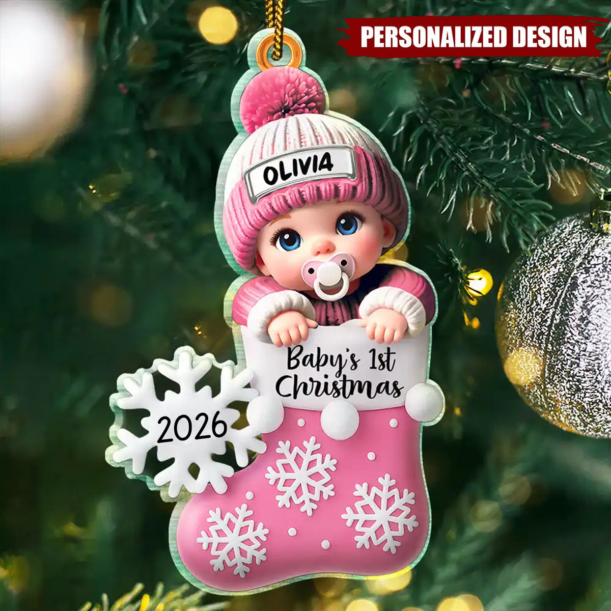 Personalized Snowflake Decorated Stocking Christmas Acrylic Ornament - Custom Baby Name & Year
