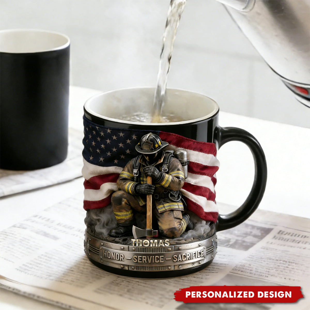 Personalized Firefighter Hero Mug — Patriotic American Flag Tribute Gift