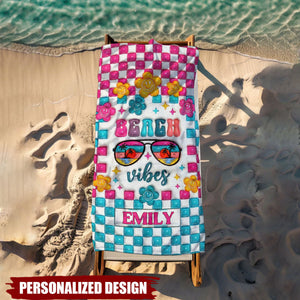Personalized Beach Vibes Checkerboard Smiley Flower Custom Name Beach Towel