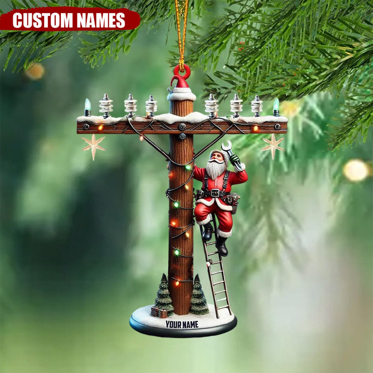 Personalized Lineman Christmas Ornament with Santa on Utility Pole - 2024 New Release