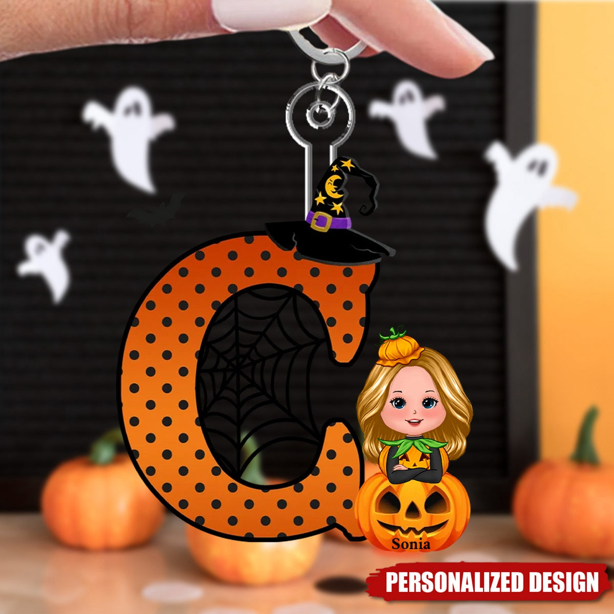 Personalized Cartoon Character Pumpkin Keychain with Initial & Name Halloween Party Favors Gift for Kids
