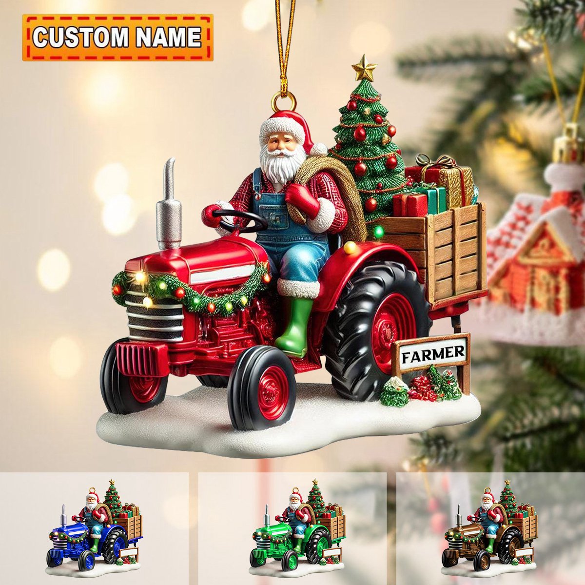 Personalized Farmer Santa Ornament on Tractor-2024 New Release