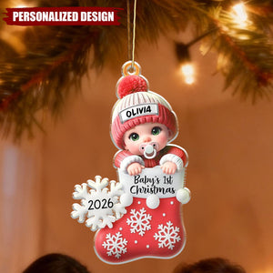 Personalized Snowflake Decorated Stocking Christmas Acrylic Ornament - Custom Baby Name & Year