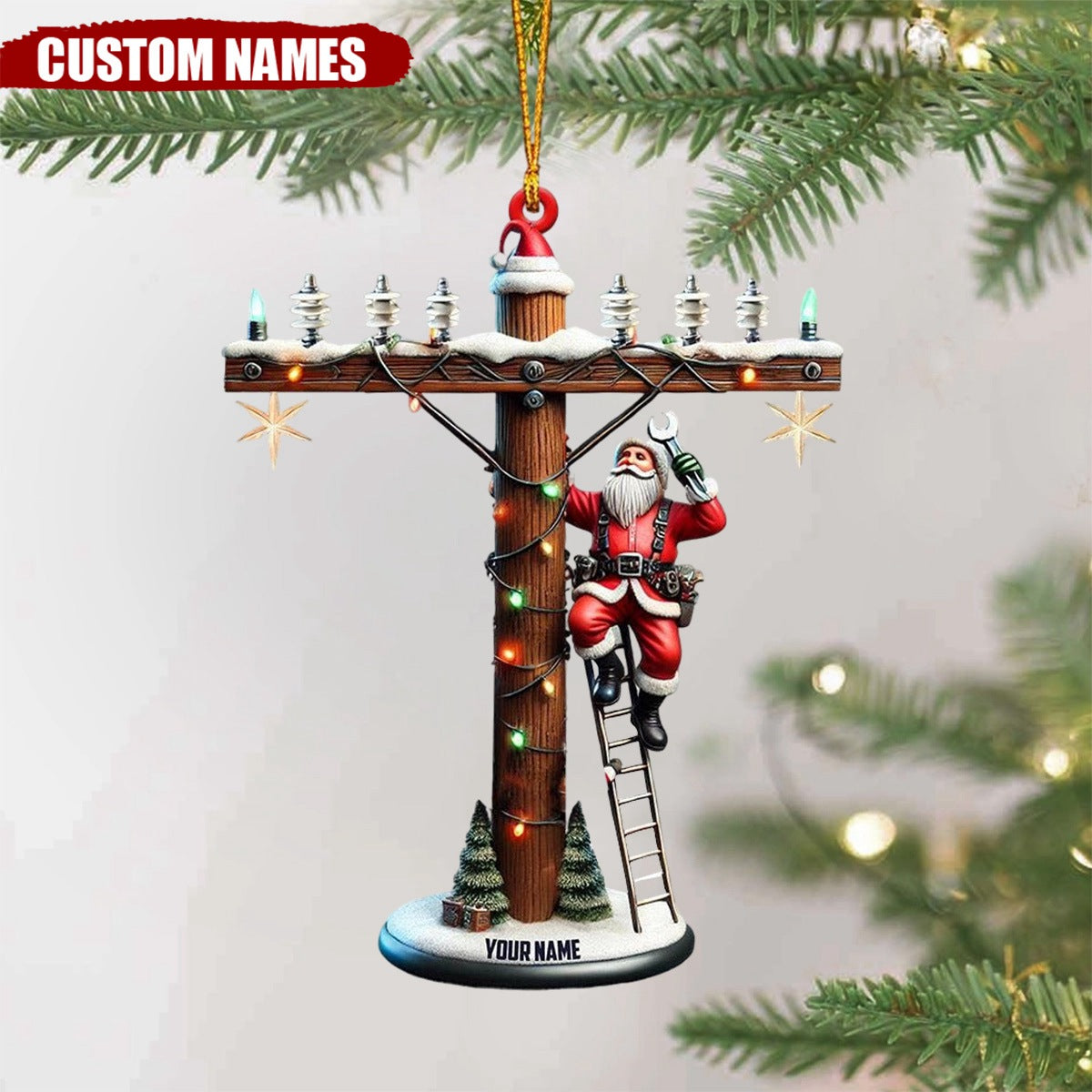 Personalized Lineman Christmas Ornament with Santa on Utility Pole - 2024 New Release