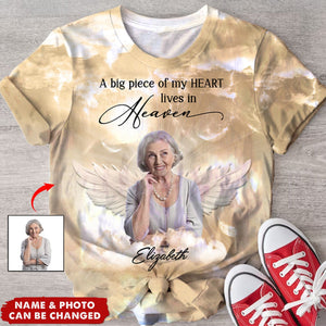 Sparkling Memorial Upload Photo Angel Wings, A Big Piece Of My Heart Lives In Heaven Personalized 3D T-shirt