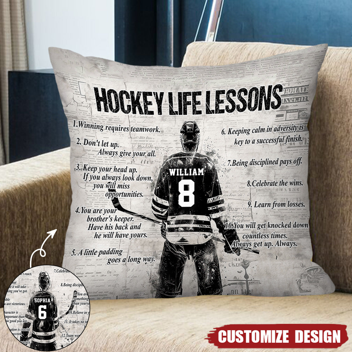 Personalized Hockey Life Lessons Pillow-Gift For Hockey Football Lovers