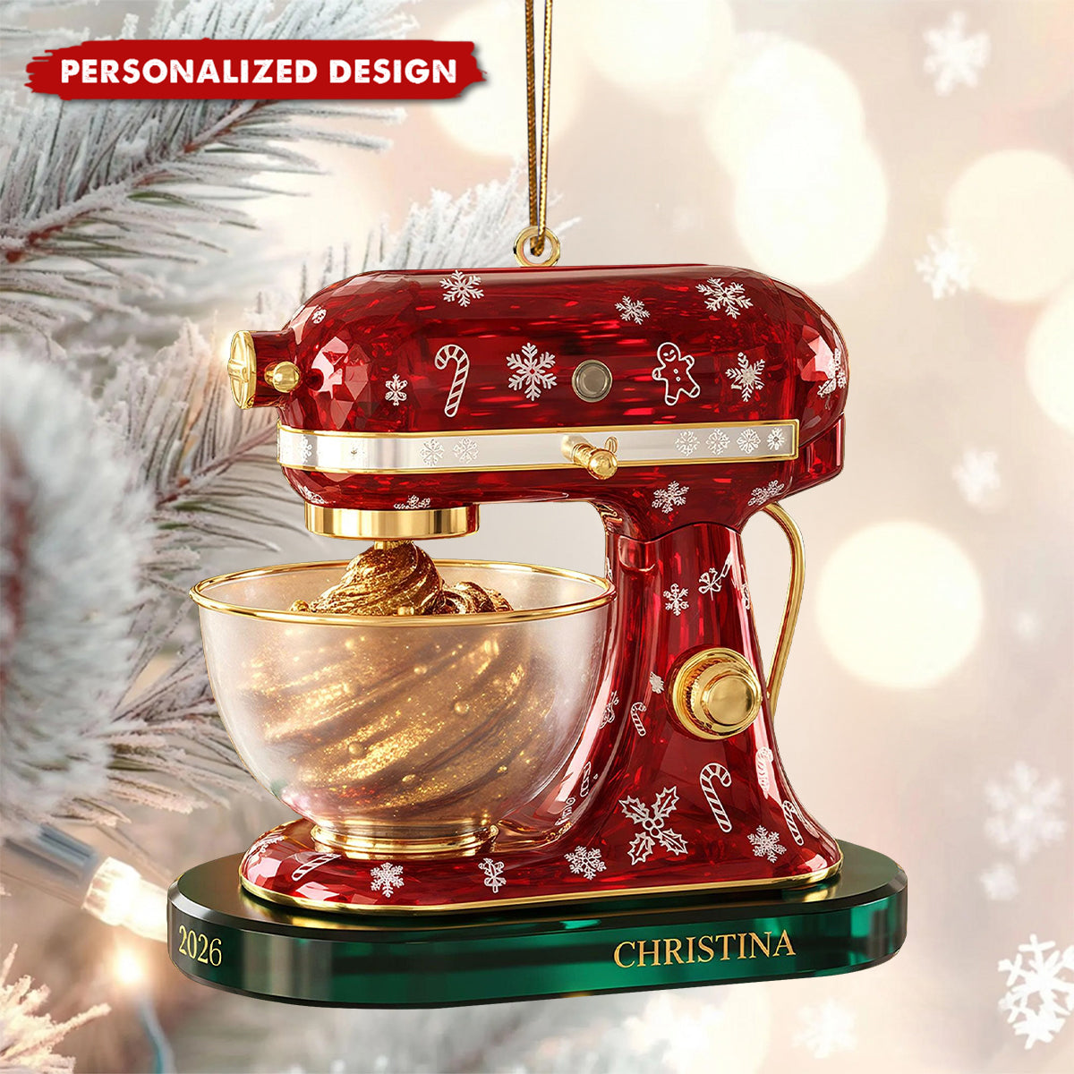 Personalized Red Christmas Stand Mixer Flat Acrylic Ornament - Custom Name & Year