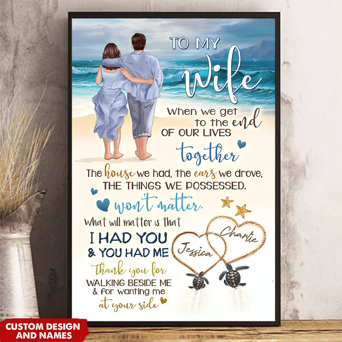 Personalized Back View Couple Walking On The Beach To My Wife Husband Vertical Poster