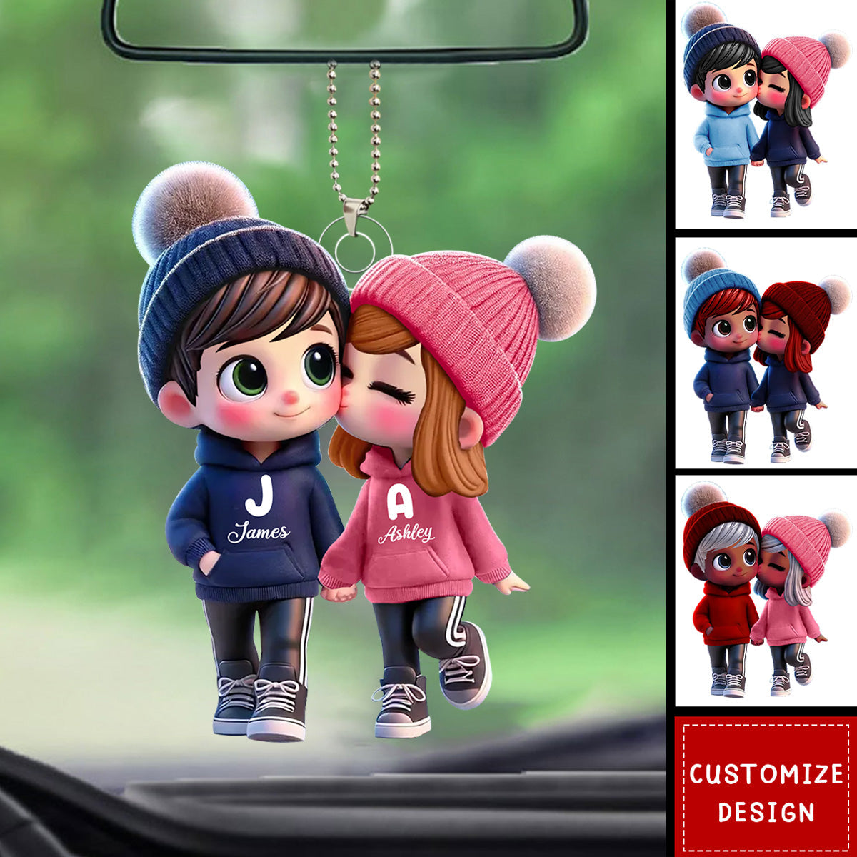 Cute Cartoon Couple Walking Personalized Car Ornament-Gift for Couple