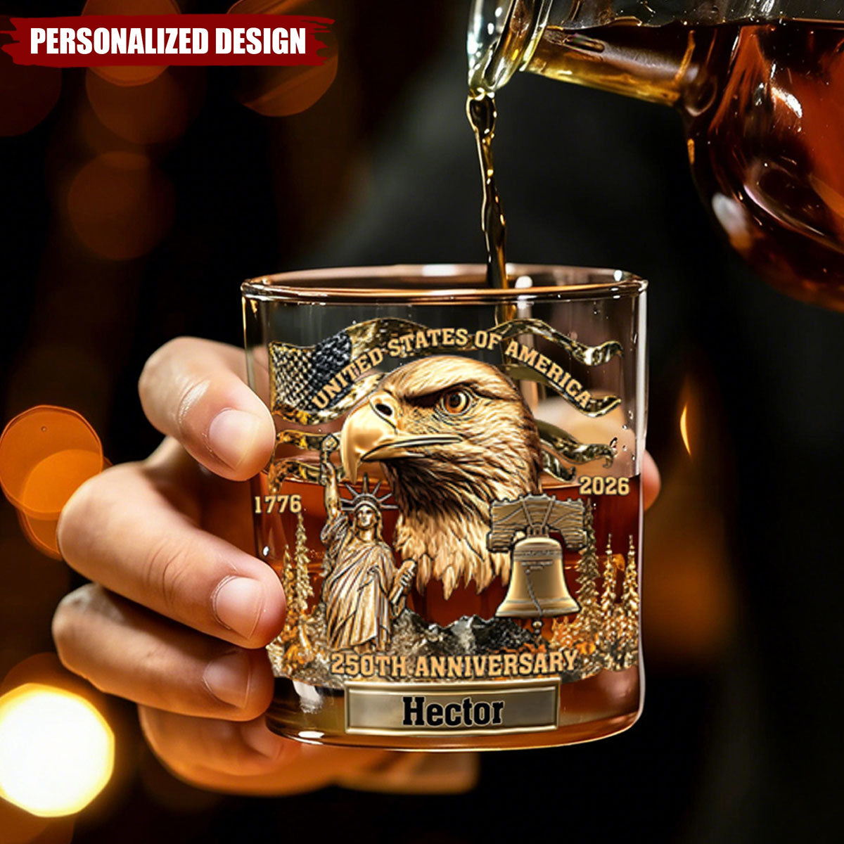 1776–2026 USA 250th Anniversary Whiskey Glass – Personalized Patriotic Keepsake