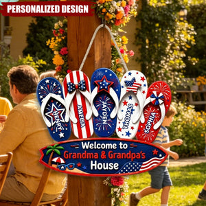 Personalized Patriotic Flip Flop USA Flag Welcome Door Sign