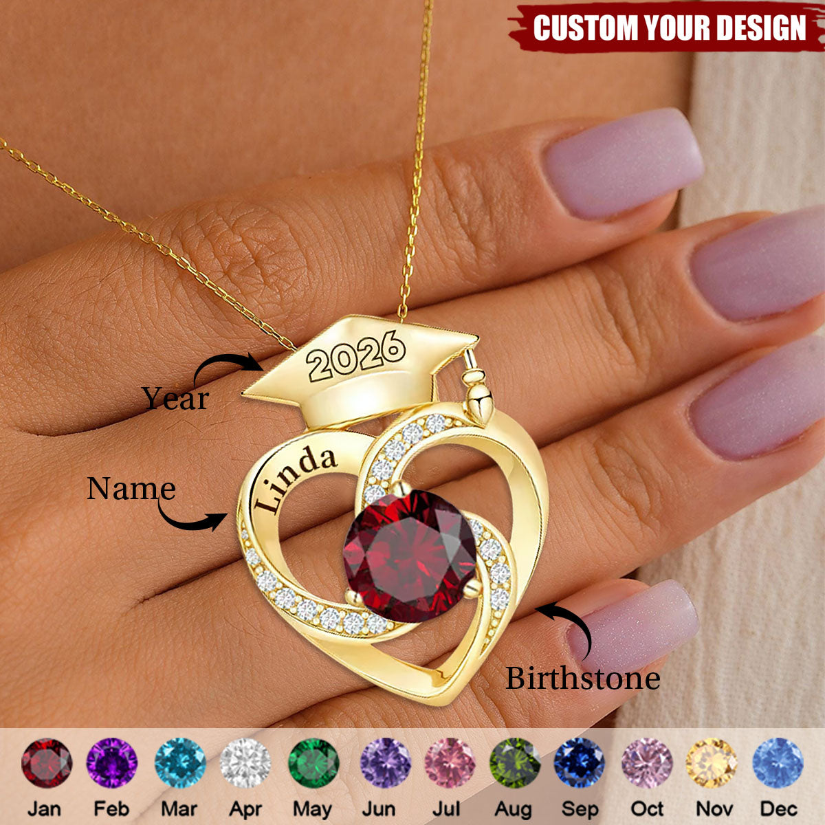 Personalized Graduation Cap Birthstone Necklace,Class of 2026
