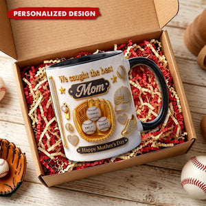 Personalized Baseball We Caught The Best Mom Mug - Custom Kids Names Mother's Day Gift
