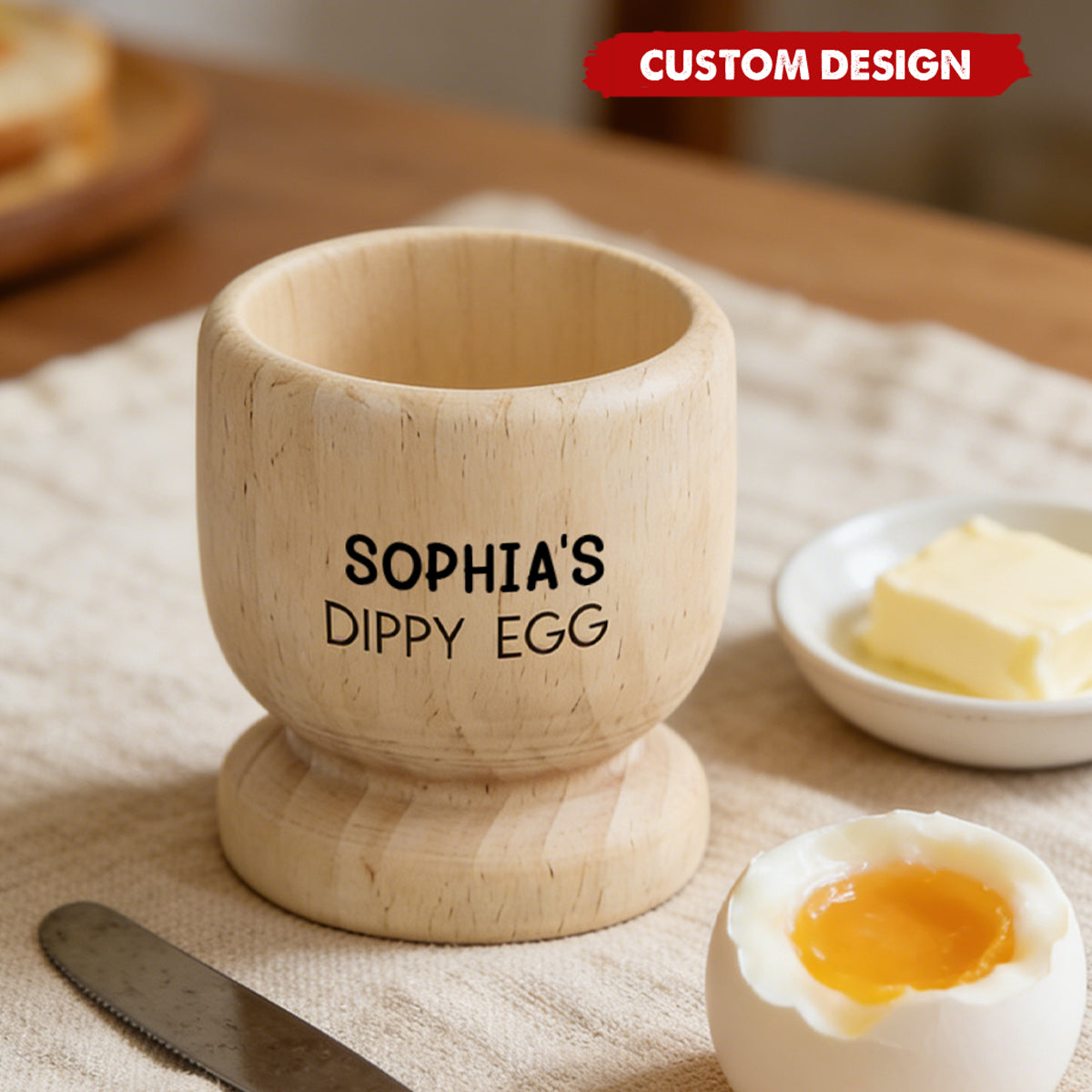 Personalized Wooden Dippy Egg Cup – Custom Name Breakfast Egg Holder