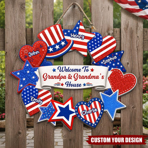 Personalized Patriotic Grandpa & Grandma House Wreath Door Hanger, Custom Grandkids Name USA Star Heart Wooden Sign