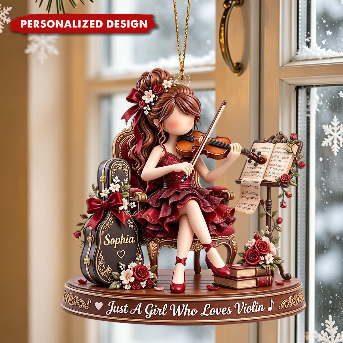 Vintage Violin Girl Custom Acrylic Ornament, Classical Music Themed Gift
