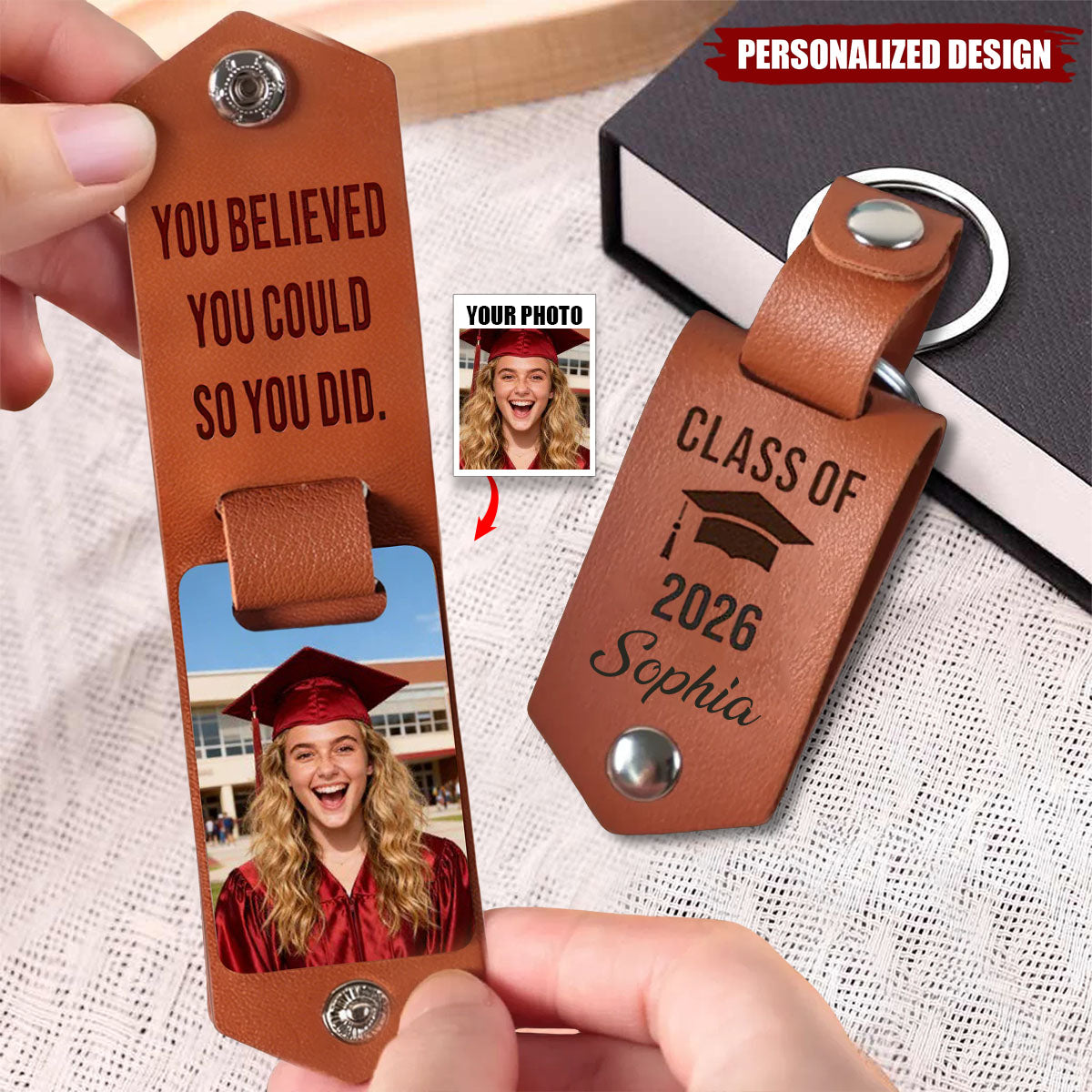 Personalized Leather Photo Keychain, Class of 2026 Graduation Gift