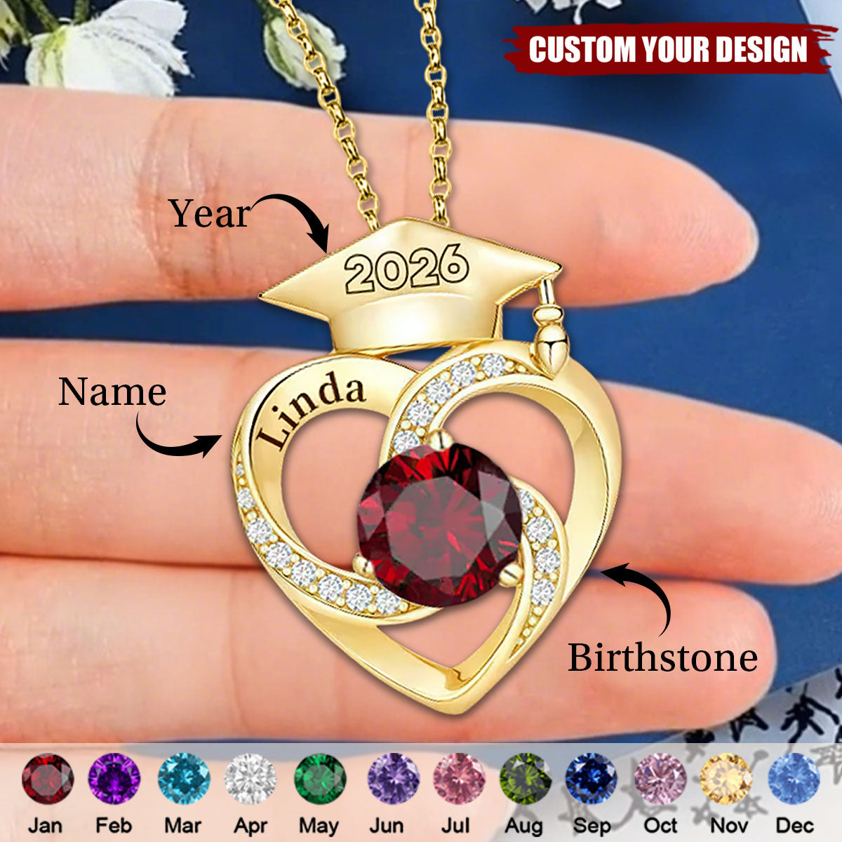 Personalized Graduation Cap Birthstone Necklace,Class of 2026