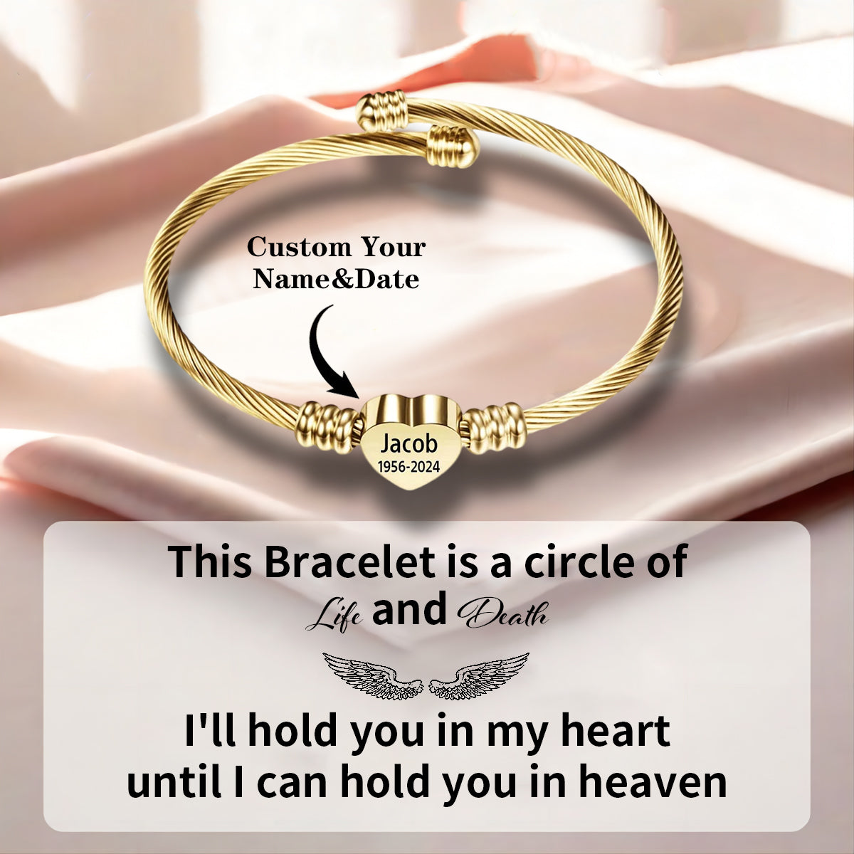 Personalized Memorial Heart Bracelet - Custom Name & Date Remembrance Cuff