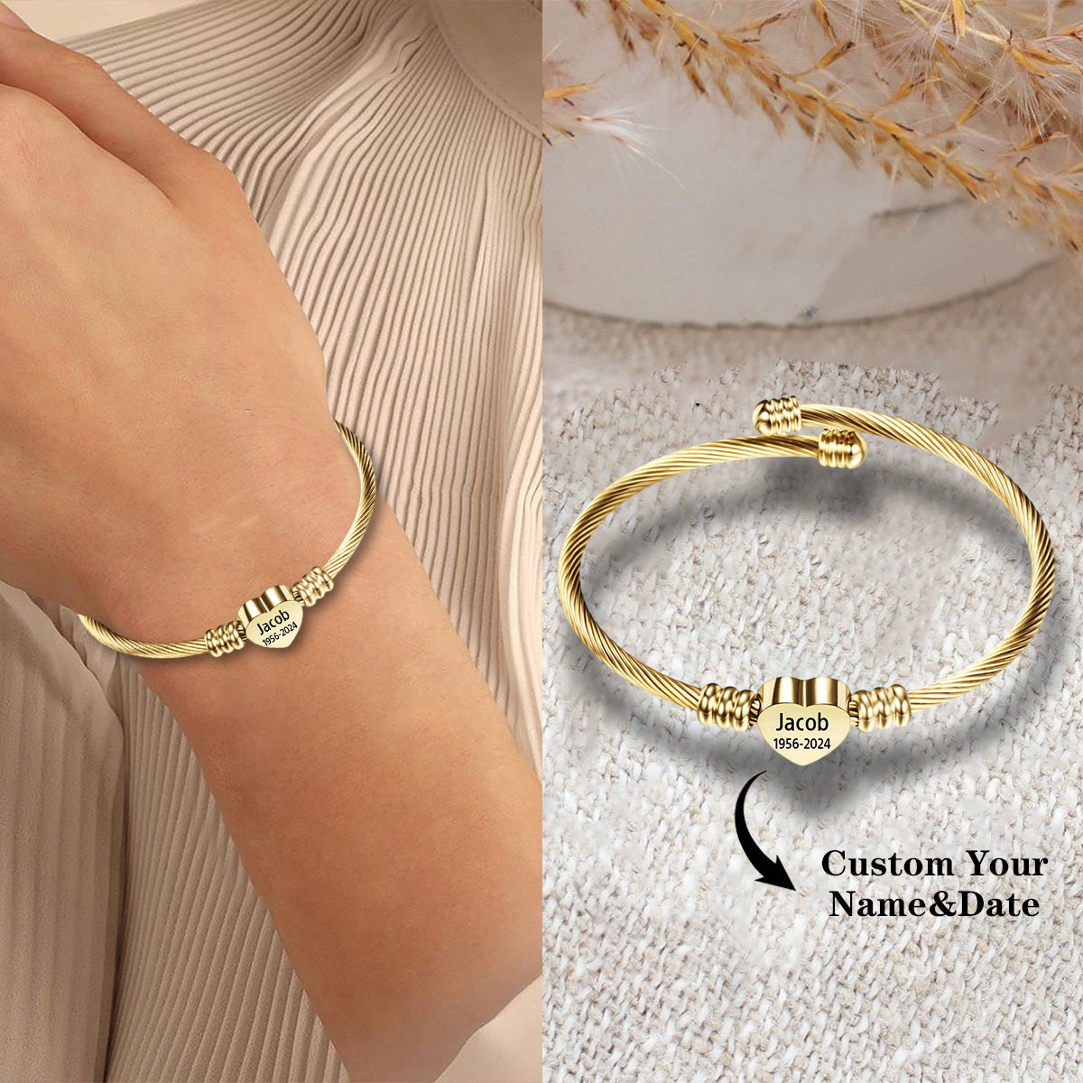 Personalized Memorial Heart Bracelet - Custom Name & Date Remembrance Cuff