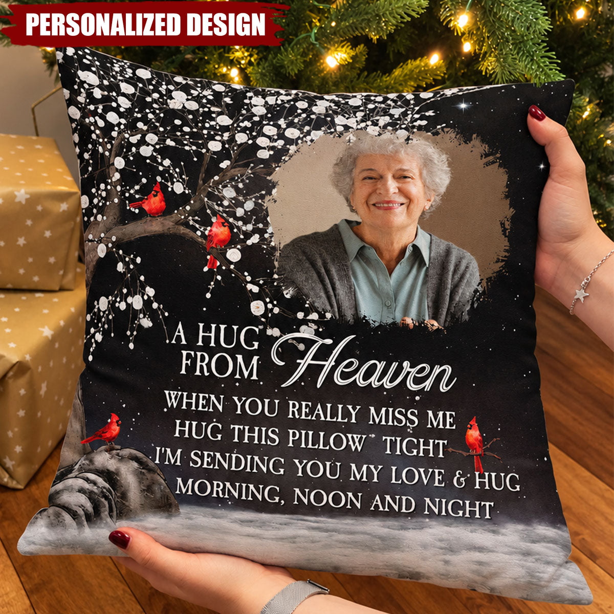 Personalized Photo Memorial Pillow - A Hug From Heaven Red Cardinal Sympathy Gift