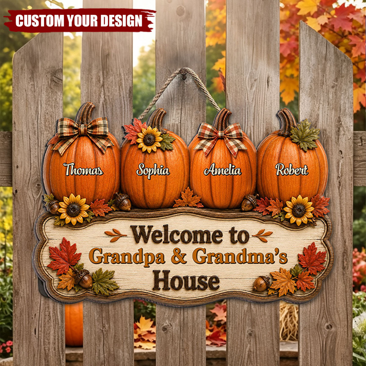 Personalized Fall Pumpkin Welcome Door Sign - Halloween Gift, Autumn Harvest Gift
