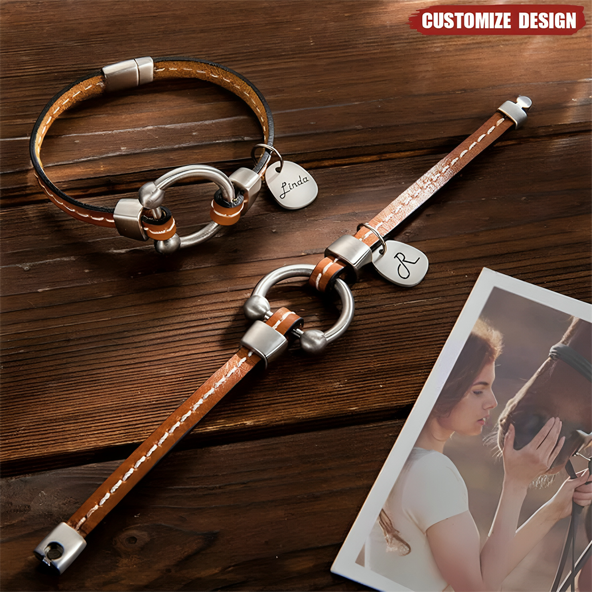 Personalized Equestrian Horsebit Leather Magnetic Bracelet with Name
