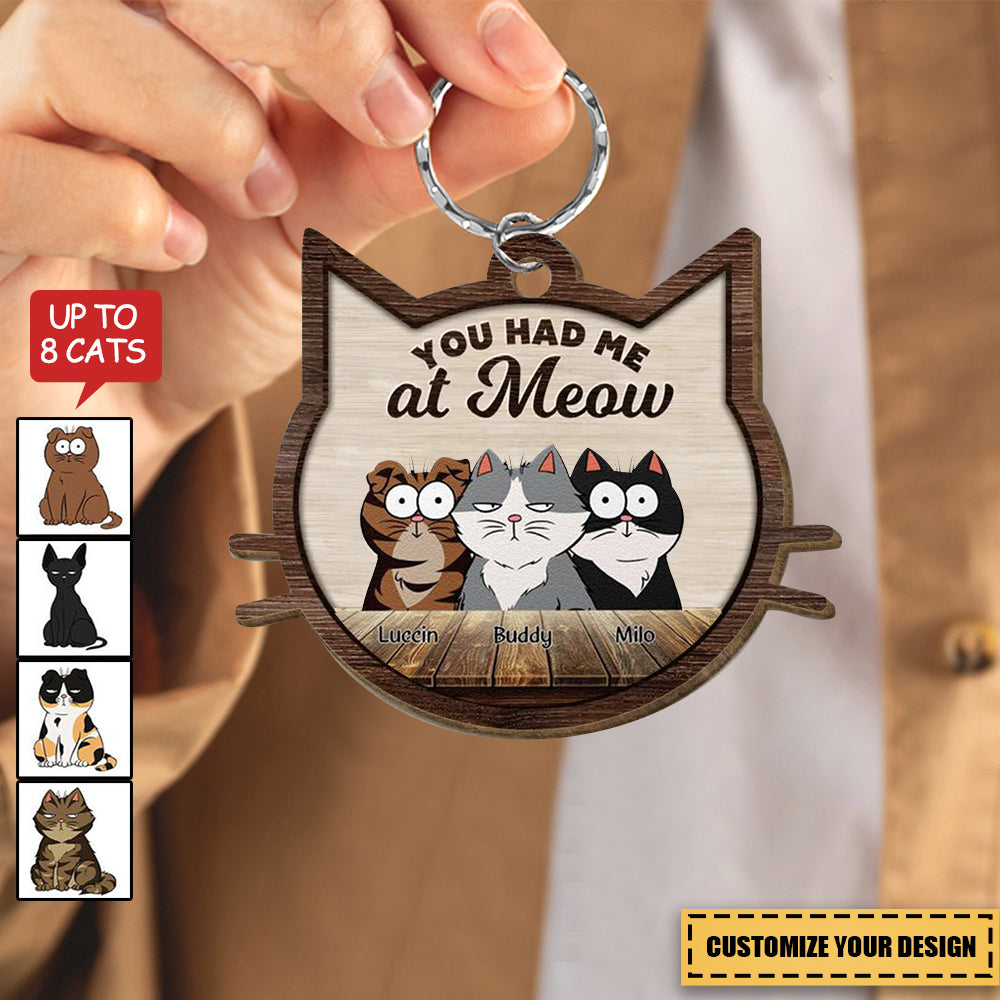 Cat Face Shaped Funny Cat Expressions Personalized Wooden Keychain