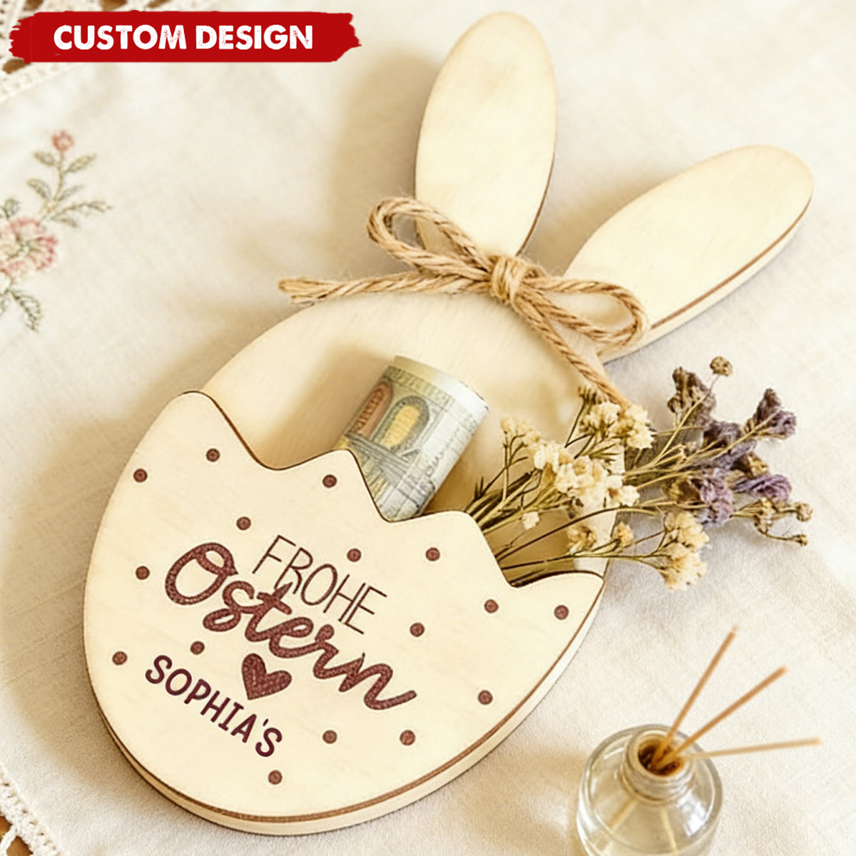 Personalized Wooden Easter Bunny Money Holder – Custom Frohe Ostern Gift