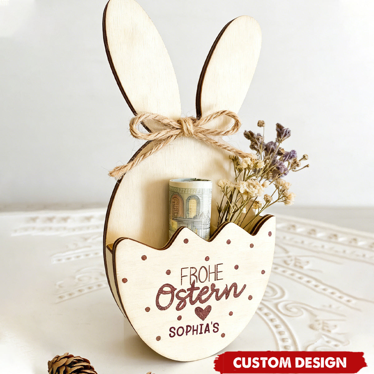 Personalized Wooden Easter Bunny Money Holder – Custom Frohe Ostern Gift