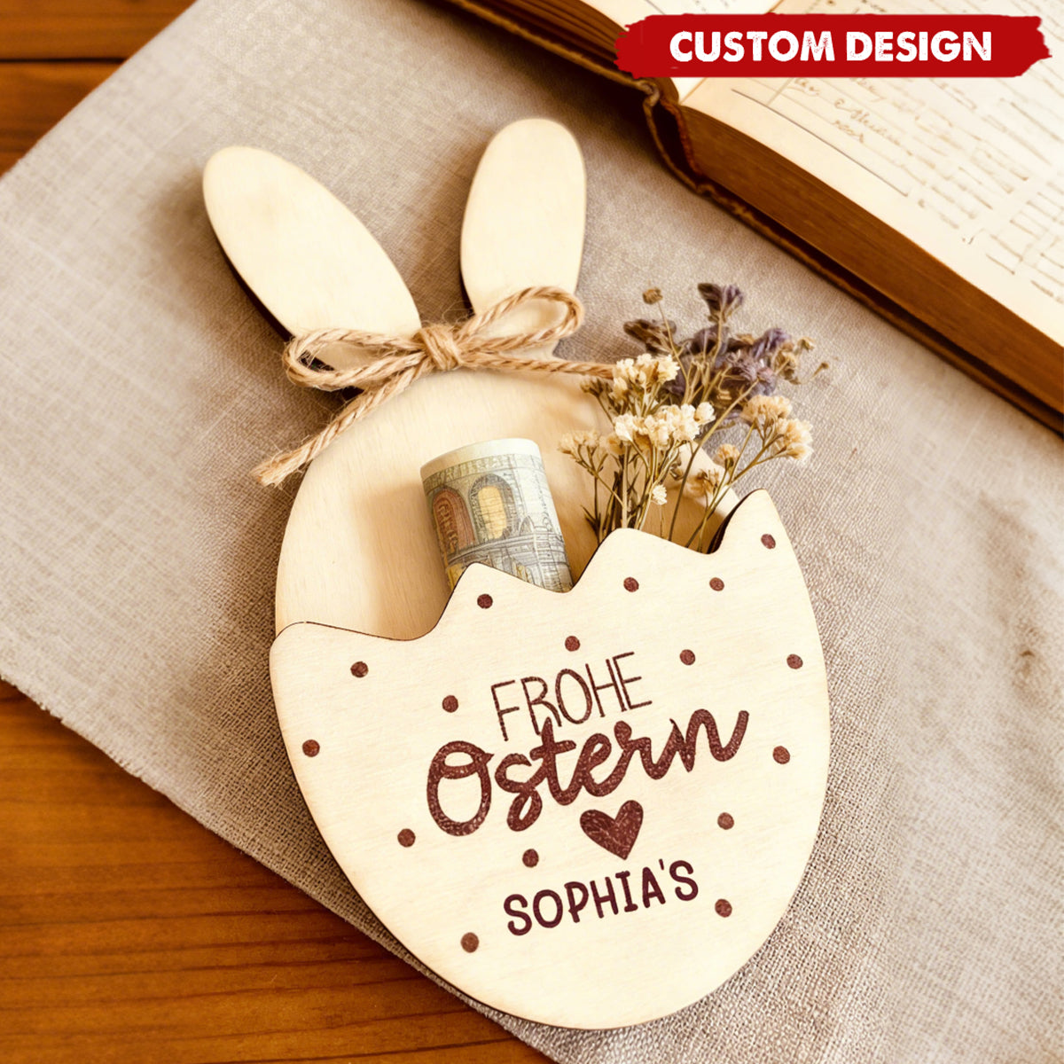 Personalized Wooden Easter Bunny Money Holder – Custom Frohe Ostern Gift