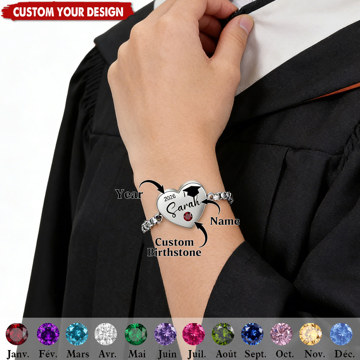 Personalized Graduation Birthstone Bracelet, Gift for Graduates