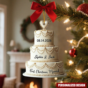 Personalized Luxury Pearl Wedding Cake Christmas Ornament - Custom Date and Name