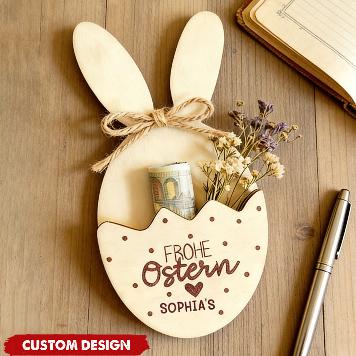 Personalized Wooden Easter Bunny Money Holder – Custom Frohe Ostern Gift