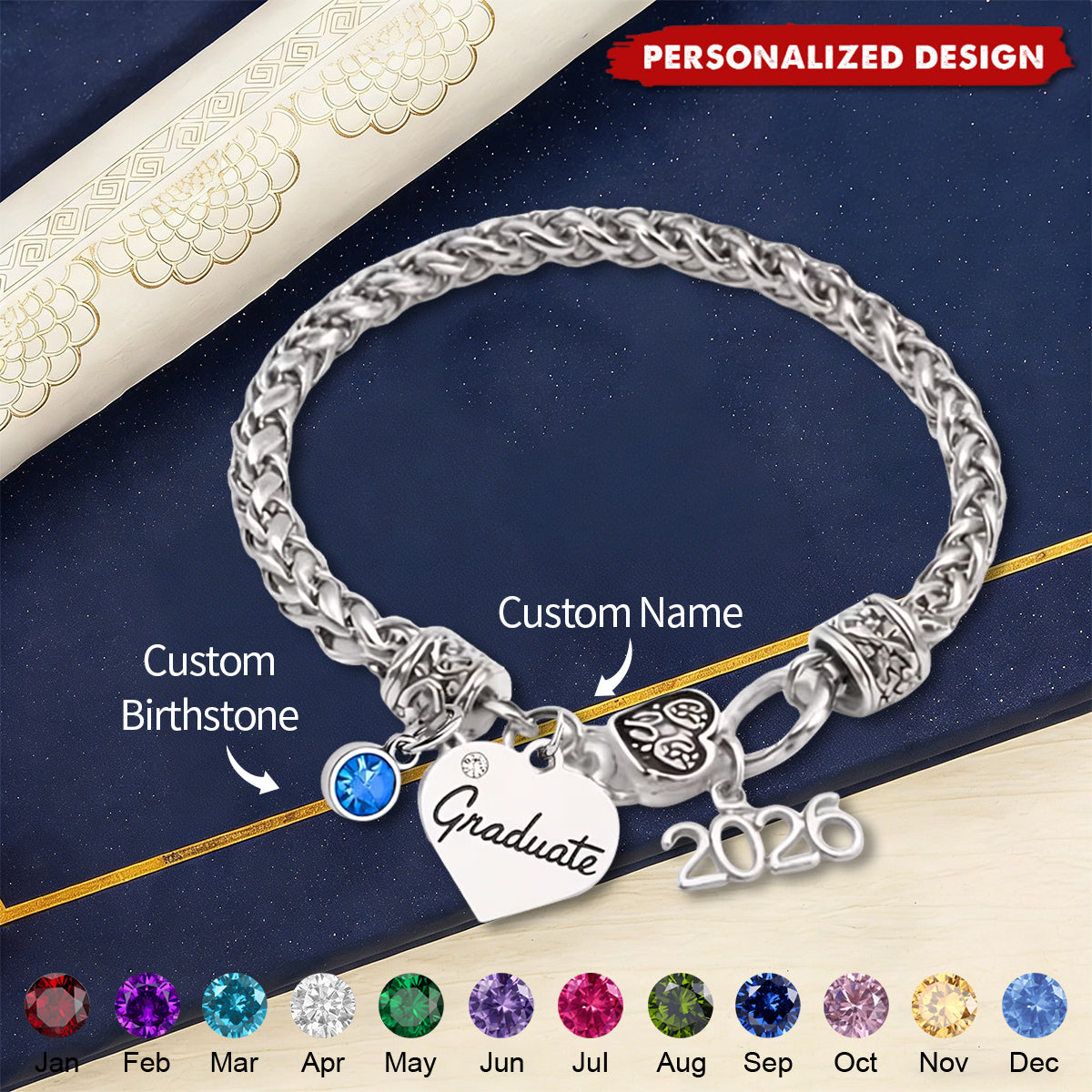 Personalized 2026 Graduation Bracelet -  Custom Name & Birthstone Grad Gift