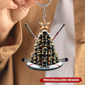 Personalized Hockey Keychain with Puck Tree and Sticks - Gift For Hockey Lovers - 2024 New Release