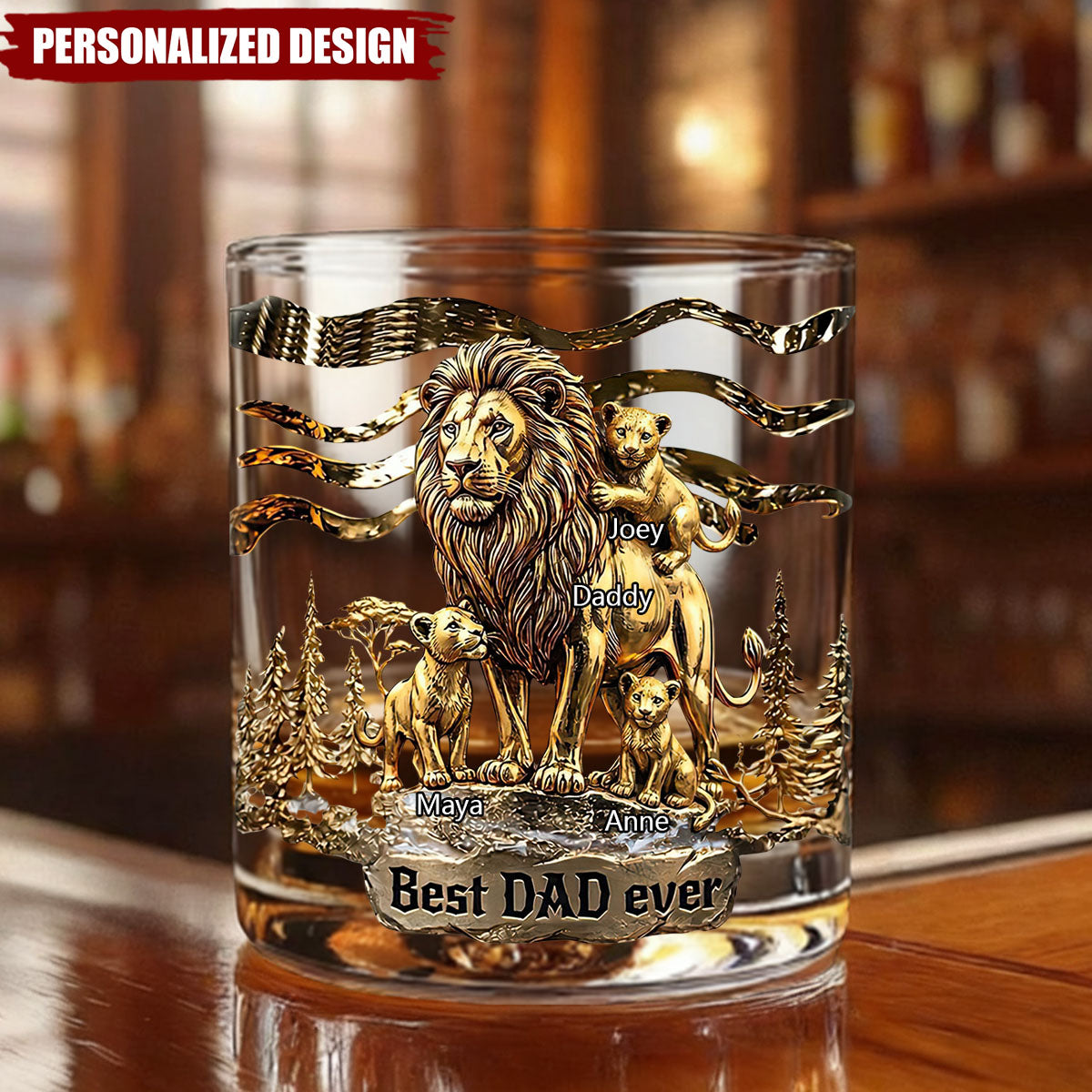 Personalized Lion Dad Whiskey Glass -Best Father‘s Day Gift