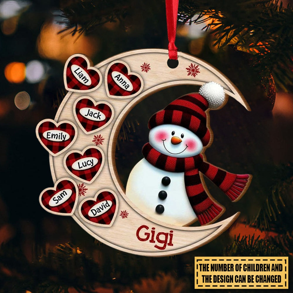 Christmas Happy Snowman Nana Mom Heart Kids On Moon Personalized Ornament